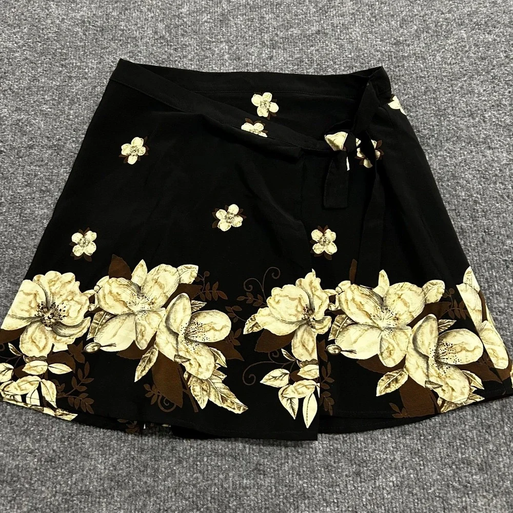 Stella Skirt Womens Size S Black Floral Wrap Side Tie Mini Made in USA